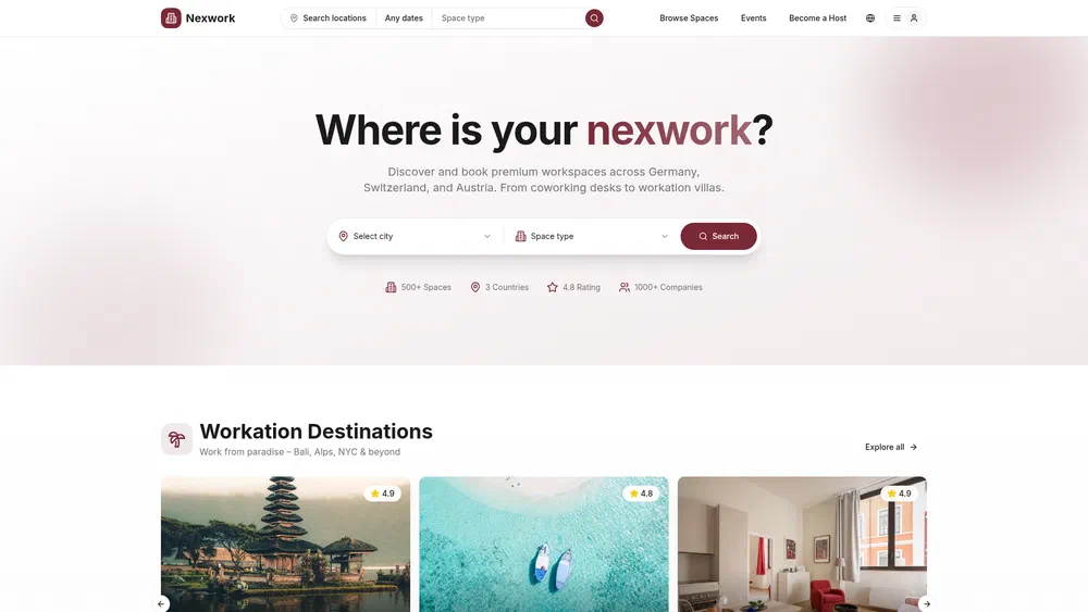 Nexworkホームページ、DACH圏のフレキシブルワークスペースプラットフォーム